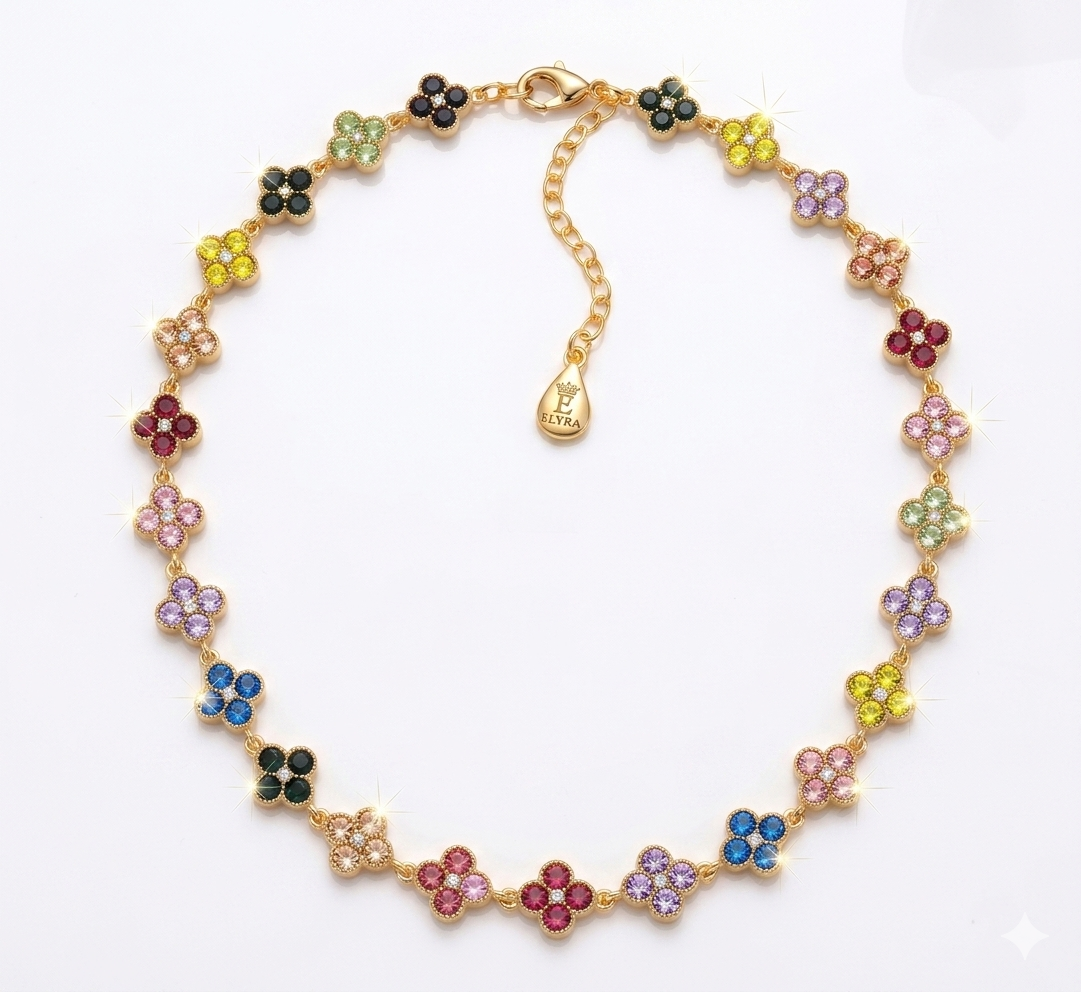 Collier trèfle multicolore cristaux dorés Elyra France